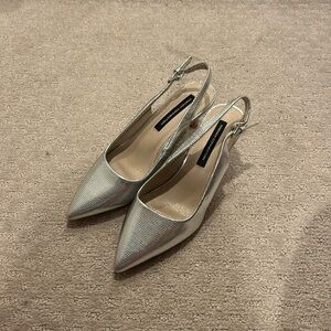 French connection silver sling backs with heel, size 6